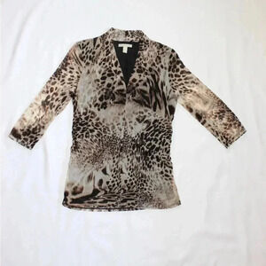 Dana Buchman Top/Blouse SMALL Brown 100% Polyester Animal Leopard Print Business